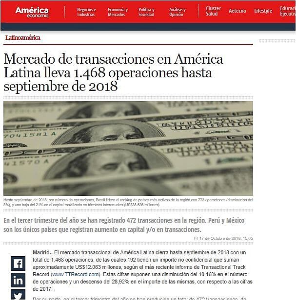 Mercado de transacciones en Amrica Latina lleva 1.468 operaciones hasta septiembre de 2018